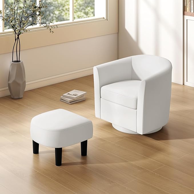Giantex Swivel Small Accent Chair with Ottoman, Modern Barrel Club Chair w/Footrest, Curved Backrest & Armrests, Removable Seat Cushion, Swivel Single Sofa Arm Chair for Living Room, Bedroom(Creamy)