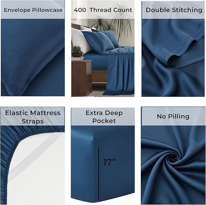 Luxury Bamboo Market | Queen Size Bed Sheet Set | 100% Viscose Made from Bamboo | Organically Grown | Ultra Soft | Cooling Sheets for Hot Sleepers | 17" Deep Pocket [Midnight Blue]
