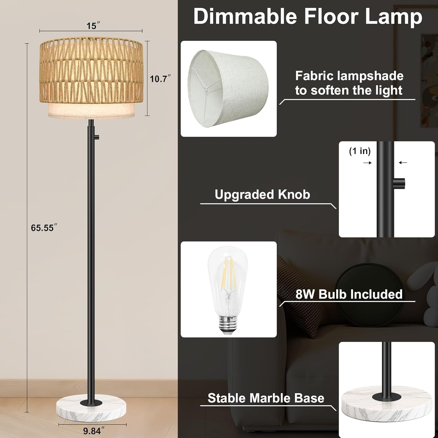 Floor Lamp for Bedroom,Dimmable Rattan Floor Lamp,Modern Standing Lamp with Marble Base,Tall Standing Lamp for Bedroom, Reading,Office & Kids' Room,LED Bulb Included(Rattan)