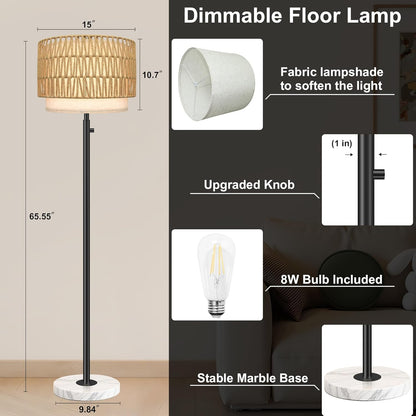 Floor Lamp for Bedroom,Dimmable Rattan Floor Lamp,Modern Standing Lamp with Marble Base,Tall Standing Lamp for Bedroom, Reading,Office & Kids' Room,LED Bulb Included(Rattan)