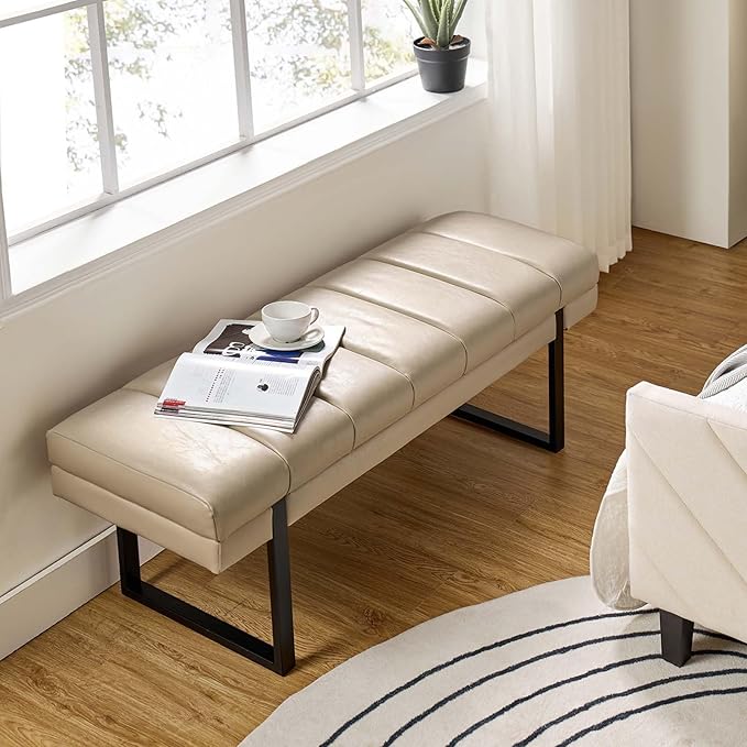 HULALA HOME 53" Faux Leather Entryway Bench, Button Tufted End of Bed Bench Ottoman for Bedroom, Living Room with Metal Base,Beige