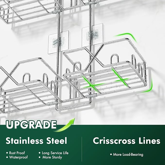 Stainless Steel Shower Caddy for Handheld Shower Heads,Rustproof Hose Shower Organizer Adjustable Length Shower Rack with 24 Hooks,Razor Holder,Soap Holder