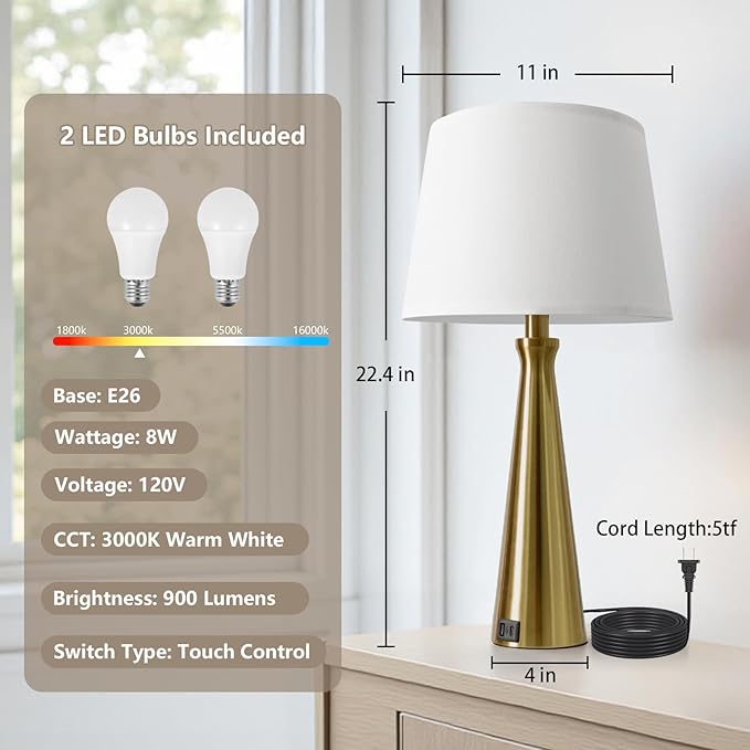 Seealle Modern Table Lamps Set of 2 - Touch Bedside Lamp for Nightstand with Dual USB C+A,3-Way Dimmable Coppery Nightstand Lamps for Living Room Bedroom End Table with White Shade(Bulb Included)