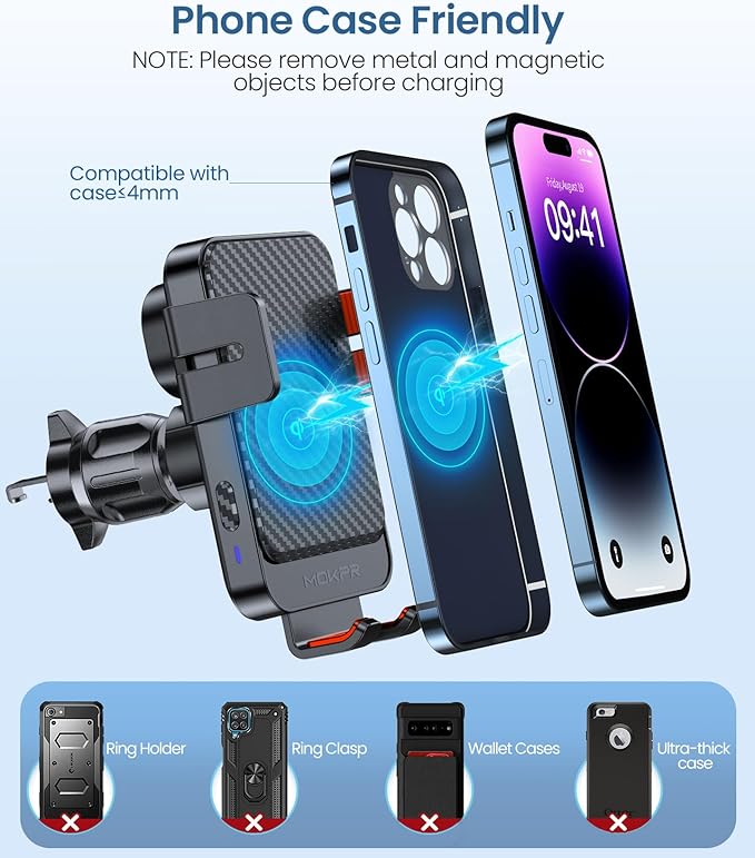 Wireless Car Charger, MOKPR 15W Fast Charging Auto-Clamping Car Mount Hands-Free Car Charger Mount for Dash Windshield Air Vent Compatible with iPhone 16 15/14/13/12, Samsung S23/S22/S21,red