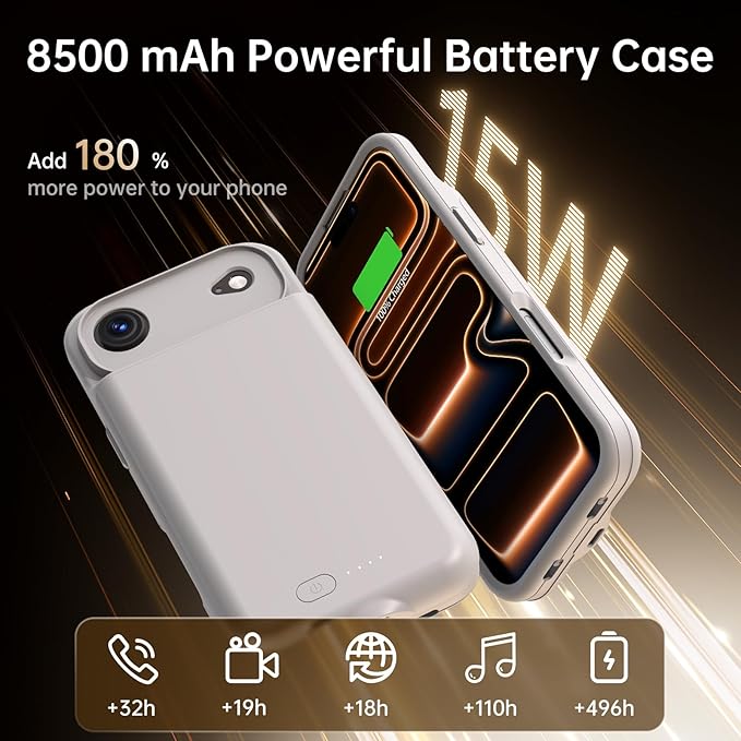 GIN FOXI Battery Case for iPhone 17 AIR, Charging Case Charger 8500mAh Ultra-Slim Lightweight Powerful Battery Pack 15W Fast Rechargeable Anti-Fall TPU Juice Box for iPhone 17 AIR (6.5") Grey