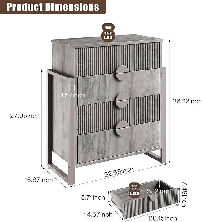 LGHM Fluted Dresser for Bedroom with 4 Drawers, Modern 4 Drawers Dressers with Semicylinder Fluted, Solid Chest of Drawers, 36" Tall Dresser with Bold Steel Frame, Metal Handles, Gray