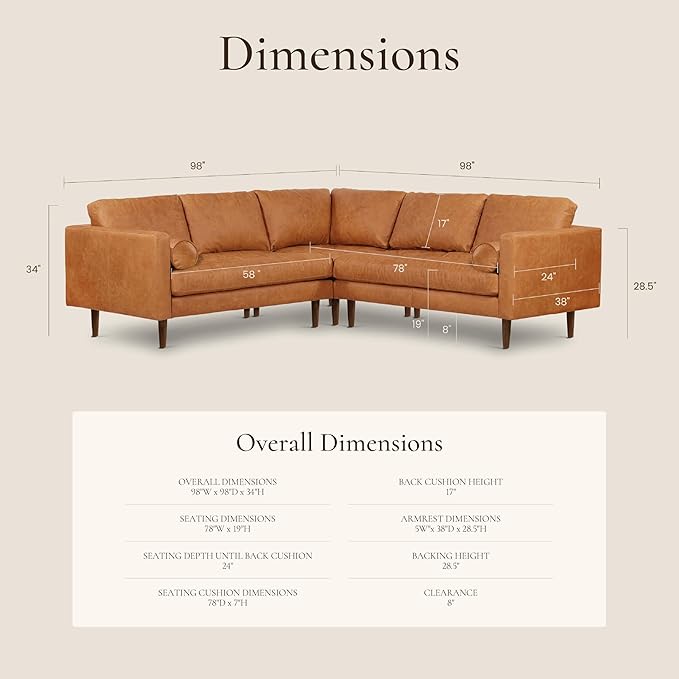 Poly & BARK Napa 98” Leather Corner Sectional Sofa – Full-Grain Italian-Tanned Aniline Leather, Feather-Down Comfort, Solid Wood Frame – Cognac Tan
