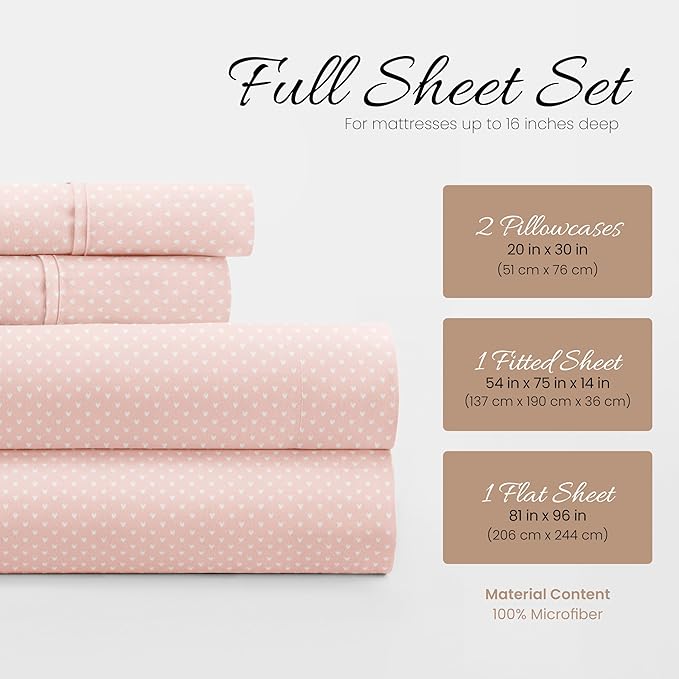Linen Market Patterned Microfiber Full Sheet Set 4 Piece – Oeko-TEX Certified Ultra Soft & Wrinkle-Free - 16" Deep Pocket Sheets - Easy Care Full Size - My Heart Pink