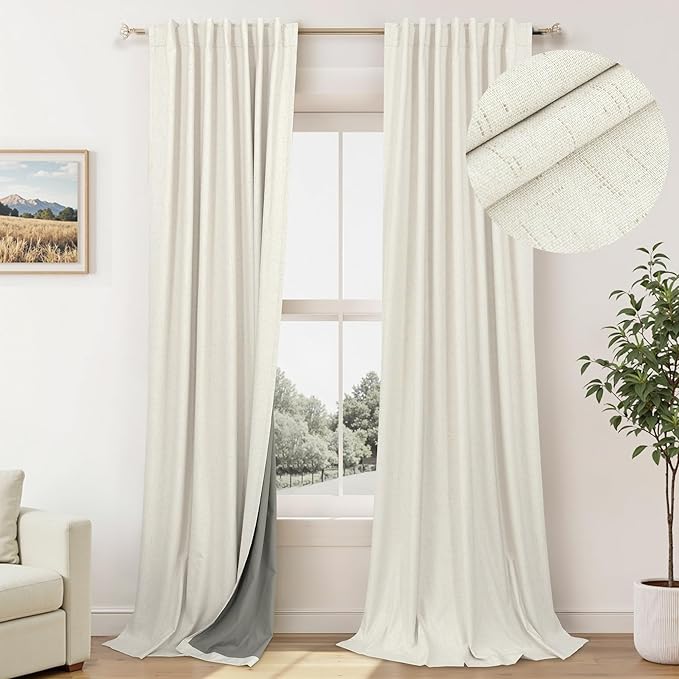 Pitalk Natural Linen Blackout Curtains for Bedroom Farmhouse Room Darkening Window Drapes Thermal Insulation Noise Reduction Door Panels for Dining Room Nursery Cream Ivory Off White 38 x 84 Inch Long