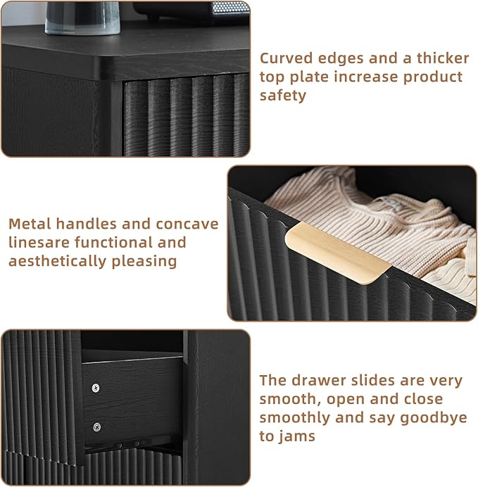 LEYAOYAO Fluted Dresser and 3 Drawers Nightstand Set of 2, Wood 48" Wide Dresser & 23" Night Stand with Charging Station, 3 Piece Bedroom Furniture Set, Chest of Drawers for Home,Living Room,Black