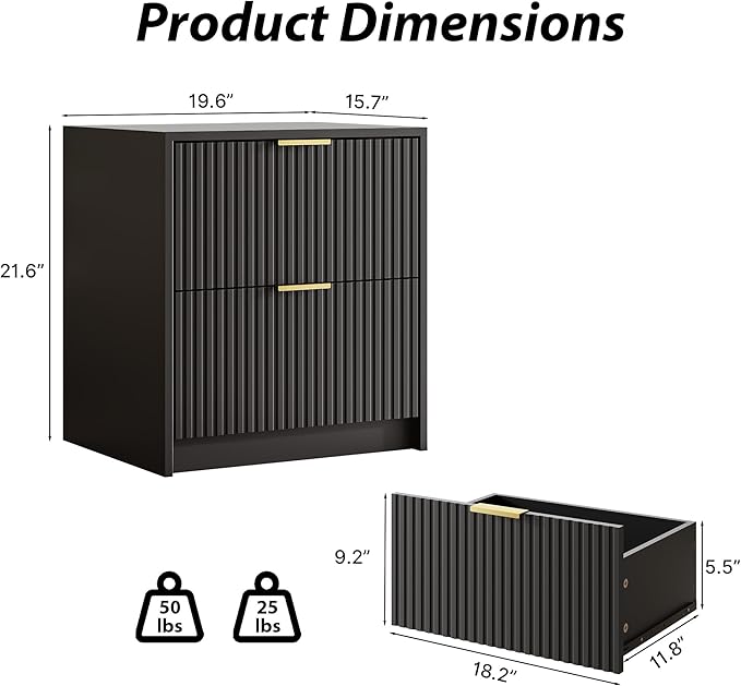 Set of 2 Fluted Nightstand with 2 Drawers, Modern Storage Bedside Table with Golden Metal Handles, Wooden End Table for Bedroom, Black