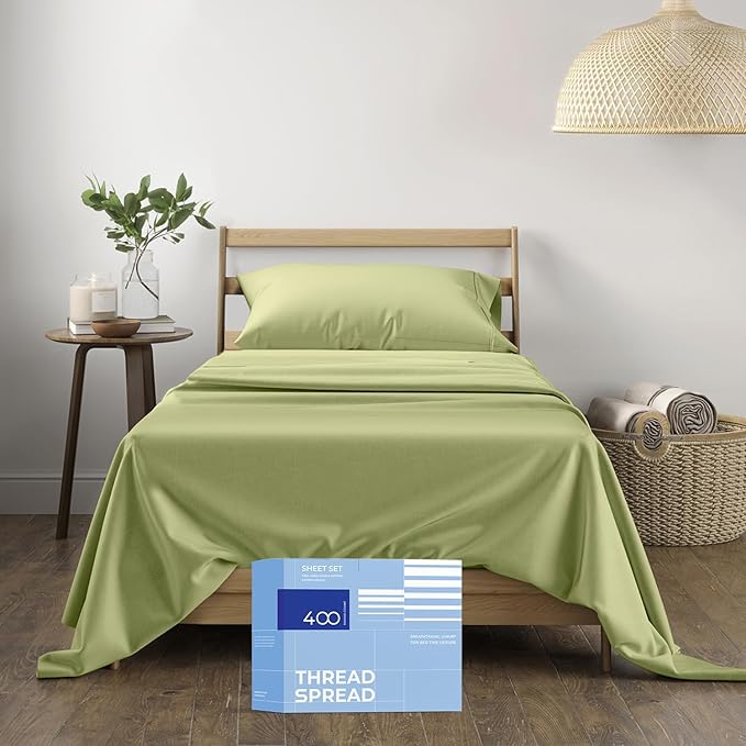 THREAD SPREAD 100% Cotton Sheets Twin Size - 400 Thread Count Cotton Bed Sheets Twin, 3 PC Set (Sage Green), Luxury Soft, Breathable, Cooling, Sateen Weave 16" Deep Pocket Bedsheet for Dorm Rooms