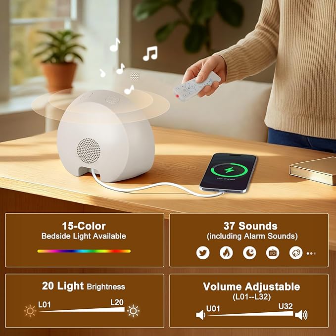 Sunrise Alarm Clock Sound Machine, Wake Up Light - Bluetooth Speaker, Dual Alarms, Dimmable Clock, USB Charging, Snooze, 37 Sleep Sounds, 15 Colors, Timer-Night Light for Heavy-Sleepers Gift
