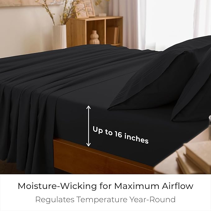 Mellanni Twin Sheet Set - 4-Piece Iconic Collection Bedding, (Including 2 Pillowcases), 16-Inch Deep Pocket, Easy Care, Extra Soft, Cooling Sheets, Brushed Microfiber - Black