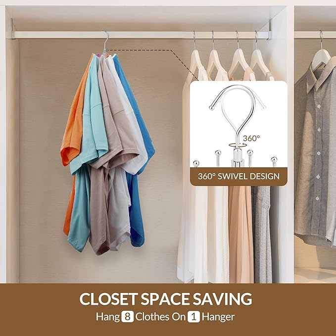 ZEDODIER Space Saving Hangers for Clothes,Rotatable Sturdy Shirt Hangers with 8 Hooks, Non Slip Multiple Shirt Organizer for T-Shirts Sweatshirts Hoodies, Silver