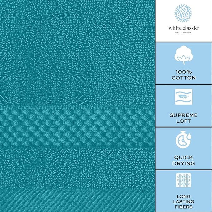 White Classic Luxury Cotton Washcloths 13x13 Inch - 650 GSM Turkish Cotton | Hotel, Spa, Bathroom Face Towel | 12 Pack, Aqua