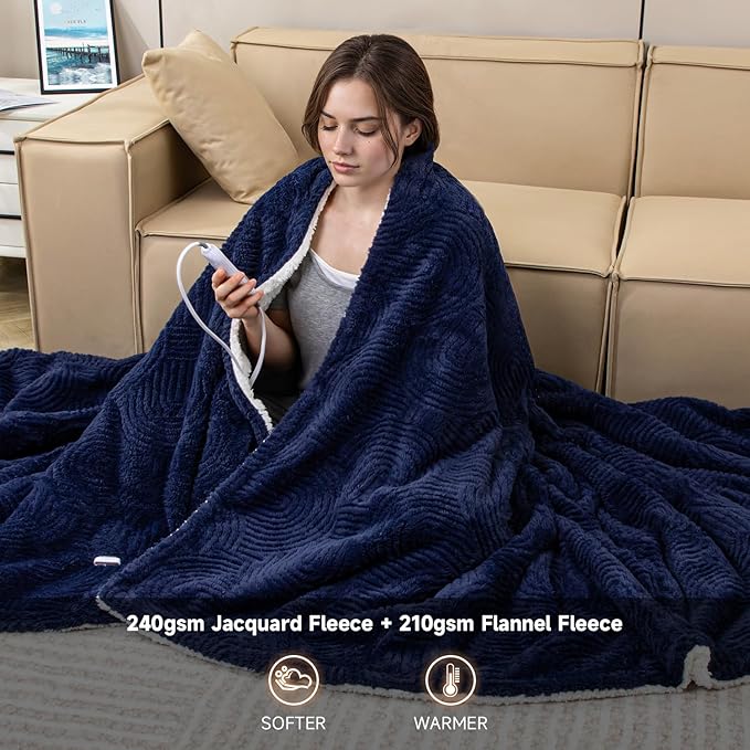 Heated Blanket Twin Size- 62"x84" Cozy Soft Jacquard Heating Blanket with 4 Heat Levels & 4 Hours Auto-Off, Jacquard Fleece, Overheating Protection, Warm Gifts, Navy