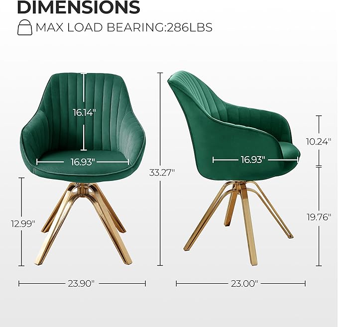 Zouron Mid Century Modern Swivel Accent Chair with Gold Metal Legs, Upholstered Swivel Chair No Wheels, Side Accent Arm Chair Vanity Chair for Small Space Home Office Living Room Bedroom, Green