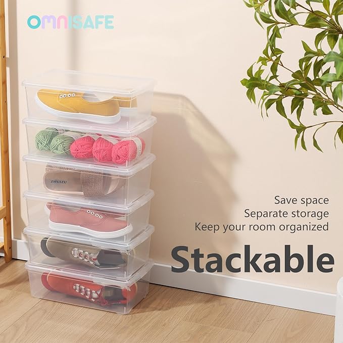 Stackable Plastic Storage Shoebox, BPA-Free Nestable Container with Latching Lid to Organize Shoes, See-Through Box for Home and Office, Multi-Purpose Clear Bins (12 Pack 6 Quart)