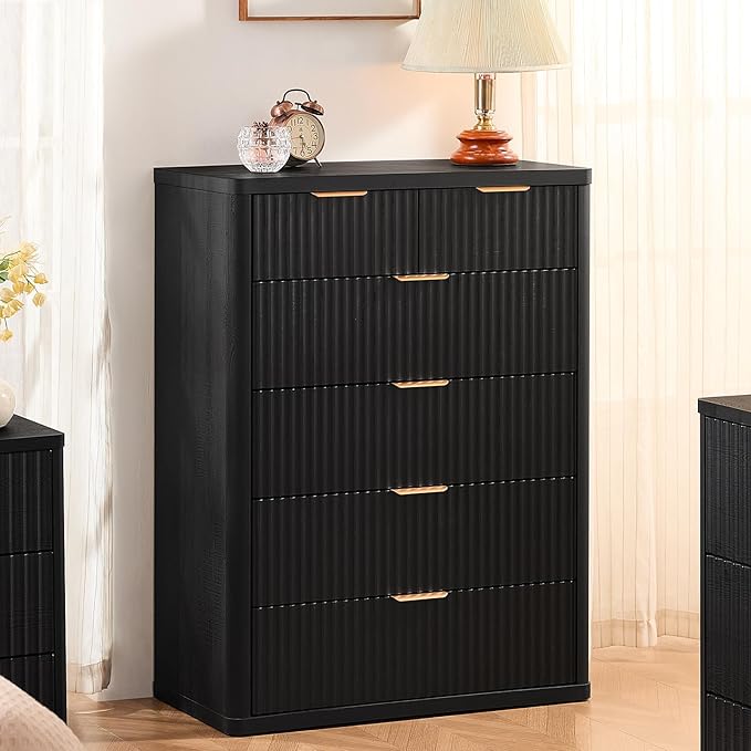 LEYAOYAO Fluted 6 Drawers Dresser for Bedroom, 42" Tall Modern Chest of Drawers with Metal Handle, Curved Profile Design,Black Wood Drawer Organizer for Bedroom, Living Room, Hallway, Entryway