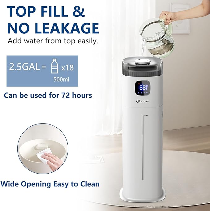 Large Humidifier for Bedroom, 9L/2.5Gal Ultrasonic Cool Mist, Easy Clean with 350ML/H Large Mist Speed, Remote control, Quiet Tower, Suitable for Kids Room Plant Yoga