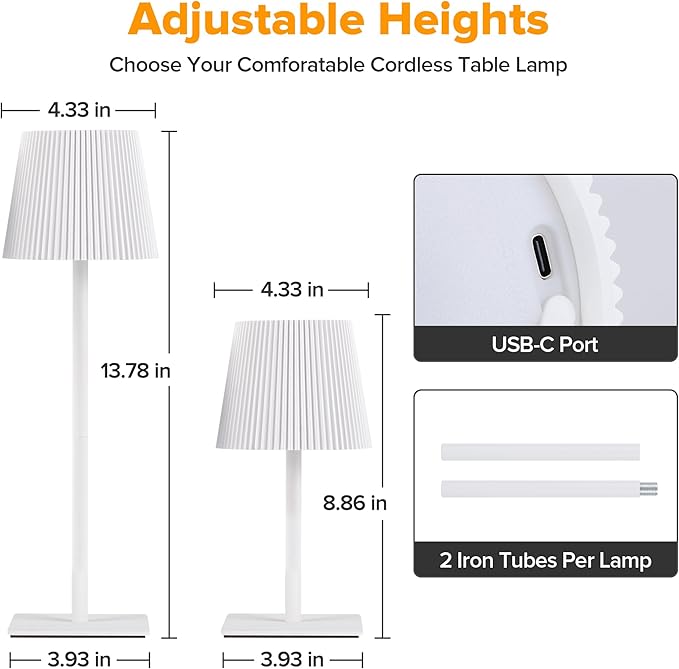 LUTEC 4 Pack Cordless Table Lamp,6000mAh Rechargeable Battery Operated Desk Lamp,Two Adjustable Heights,Waterproof, Touch Control & 3 Color Stepless Dimming for Restaurant/Bedroom/Bars/Outdoor (White)
