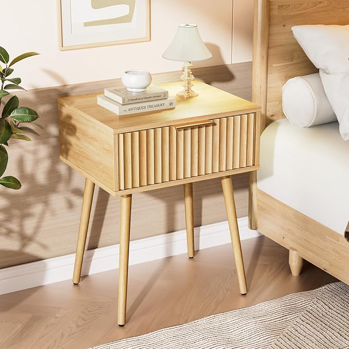 VINGLI Nightstands Set of 2, Fluted Night Stand with Drawer, Bedside Table, Wood Nightstand for Bedroom, Mid Century Modern End Tables, Natural Oak, 18.9" W*14.96" D*24" H