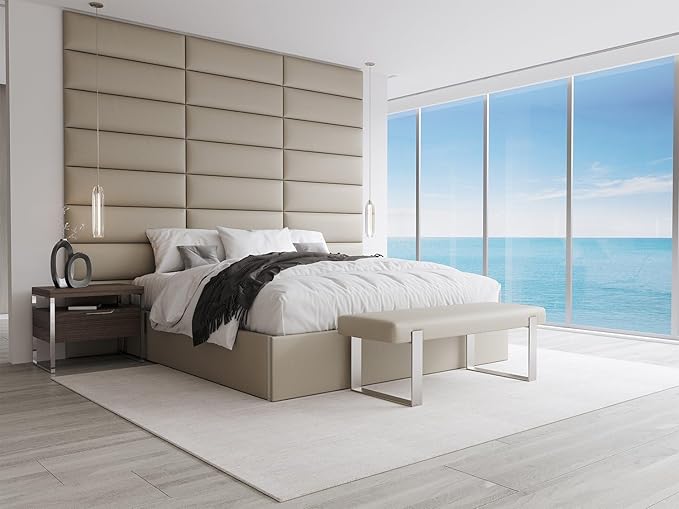 VANT Upholstered Bed Bench - Ribbed Taupe - Burnished Brass - Contemporary Modern, Bedroom Bench Seat, Hallway, or Entryway