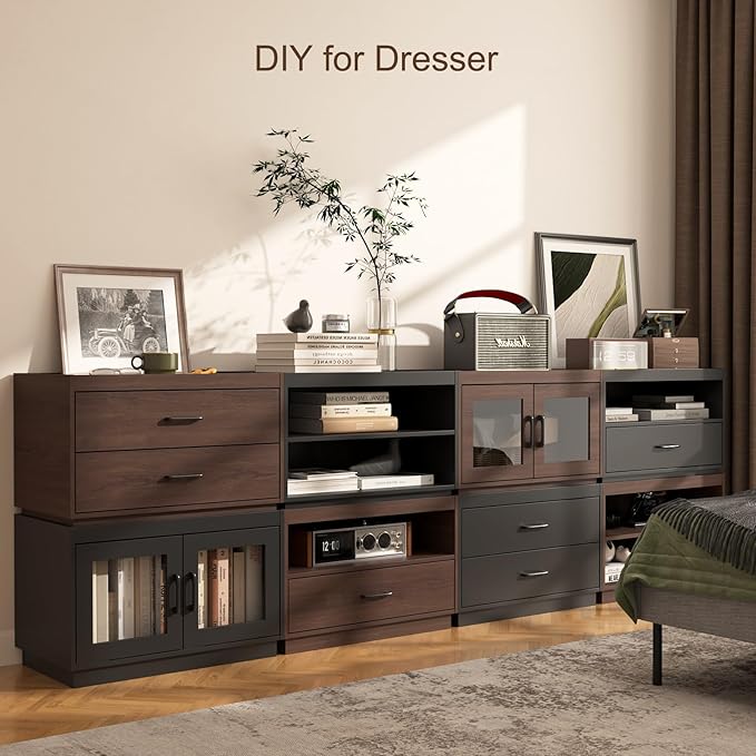Stackable Storage with 2 Drawers, 28" Wide Storage Bins for Closet Organizers, Wood Stackable Closet Organizer Modern Large Stackable Storage Units for Living Room Hallway Bedroom, Black