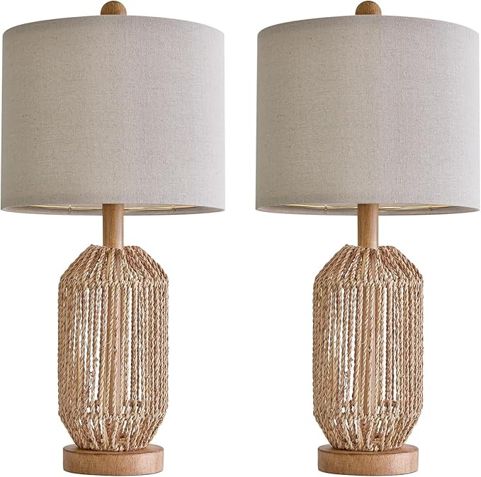 OYEARS 21" Boho Table Lamps Set of 2 for Living Room, Bedside Lamps for Nightstand, Rattan Lamp for Bedroom, Farmhouse Table Lamps for Boho Decor, End Table, Retro, Brown