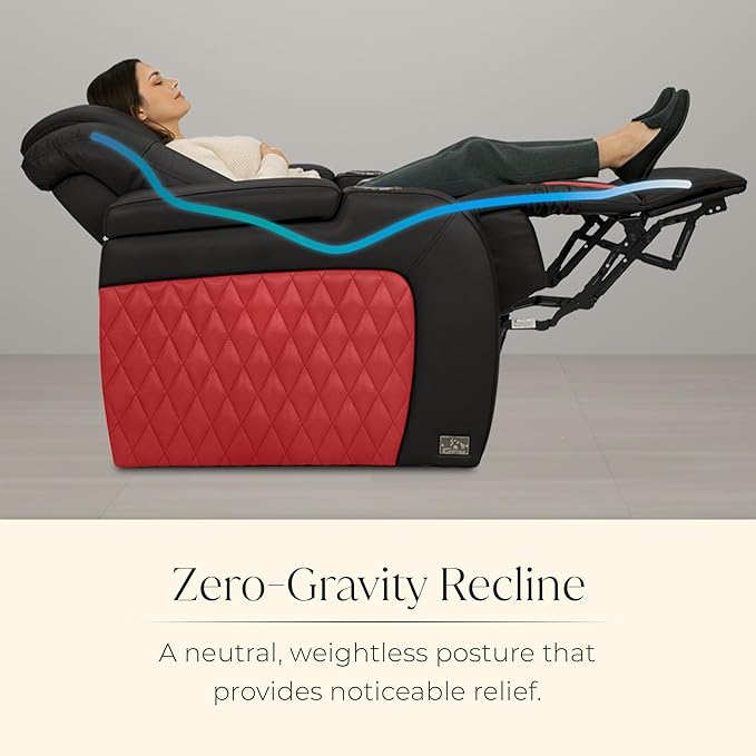Seatcraft Diamante Zero-Gravity CoolZero Italian Leather Home Theater Seating, Power Headrest, Power Recline, Row of 5 Sofa, Black/Red