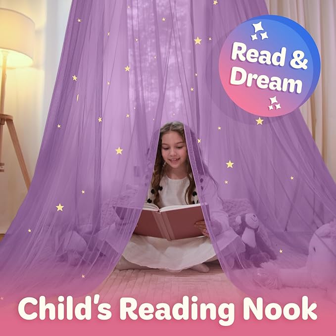 Bollepo Purple Bed Canopy for Girls with Glowing Stars - Princess Netting Room Decor, Ceiling Tent to Cover Toddler | Single, Twin, Full, Queen Size Kids Bed, Fire Retardant Fabric