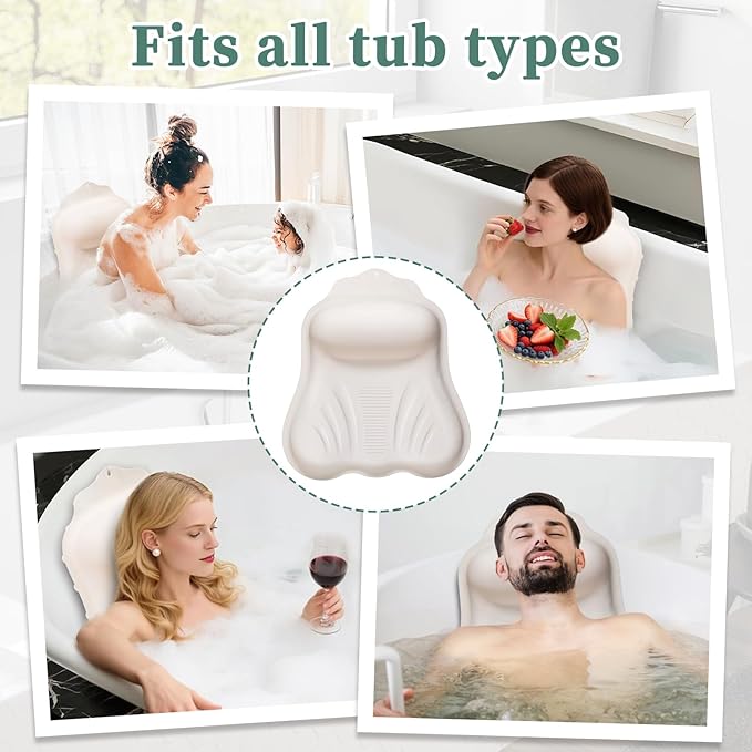 Silicone Bath Pillow for Tub Adults, 4D Air-Cushion Bathtub Pillow for Head Neck and Back Support, Non-Slip Suction Cups, Quick-Drying Waterproof Spa Pillow, Easy to Clean & Store