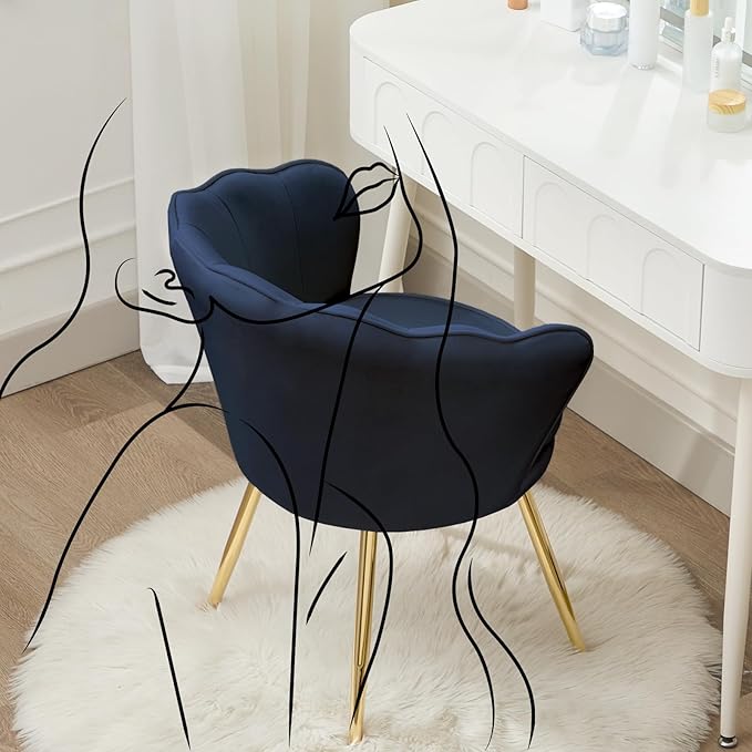 Accent Chairs Set of 2, Velvet Vanity Chair with Back, Mid-Century Modern Small Accent Chair for Living Room, Golden Metal Legs Upholstered Makeup Chair, Bedroom Armchair, Dark Blue