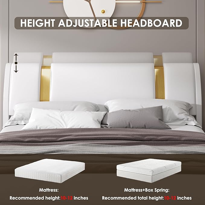TTVIEW Modern Faux Leather Upholstered Platform Bed Frame with Golden Iron Metal Decor, Adjustable Curved Headboard, Wooden Slats Support, No Box Spring Needed, Queen Size, White