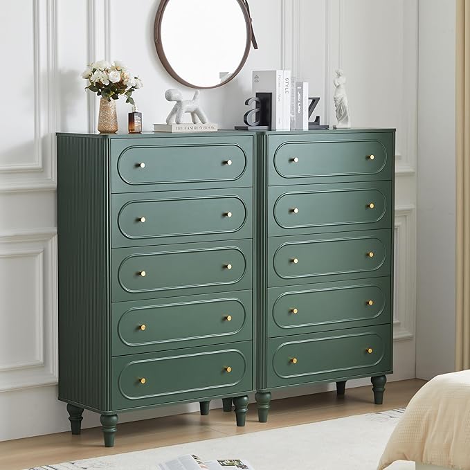 5 Drawer Fluted Dresser for Bedroom, Mid Century Modern Chest of Drawers, Wood Storage Large Dresser Organizer for Bedroom Living Room Hallway Closet, Green