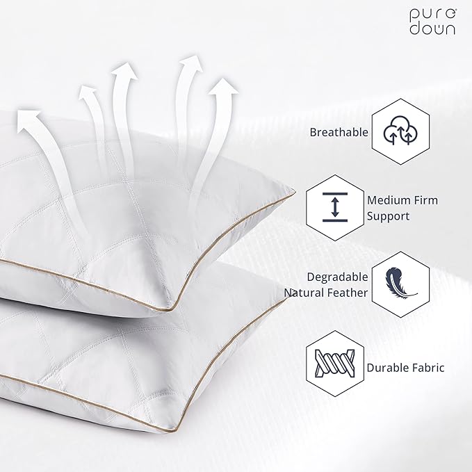 puredown® Goose Feathers and Down Pillow with Diamond Quilting with 100% Cotton Cover, Pack of 2, King Size