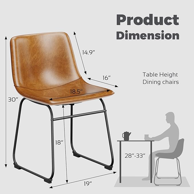 Dining Chairs Set of 8, 18 Inch Modern Armless Dining Chair with Back, Faux Leather Kitchen Dining Room Chair with Metal Legs for Home, Bistro Coffee Shops (Brown)