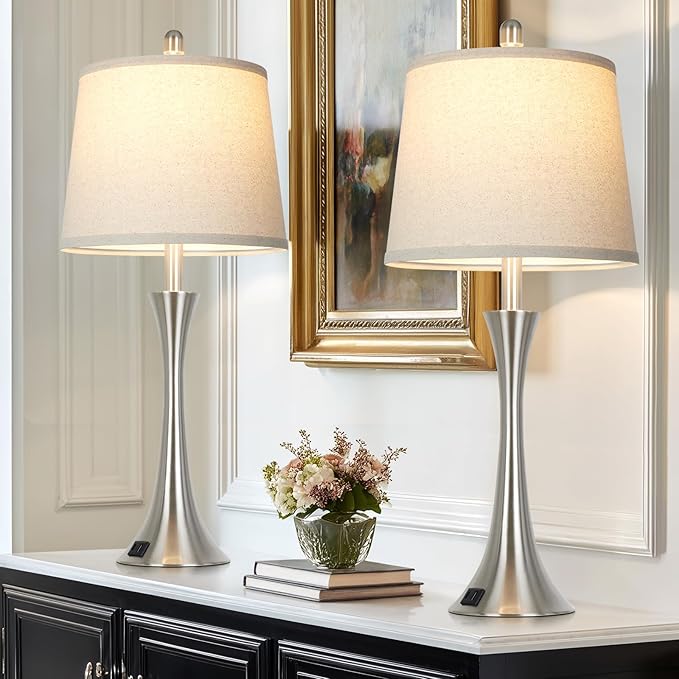 27.5" Silver Table Lamps Set of 2, Touch Bedside Lamps with USB C+A Ports, 3 Way Dimmable Nightstand Lamps for Bedroom, Living Room, Office, Silver Lamp with Beige Lampshade, Bulbs Included