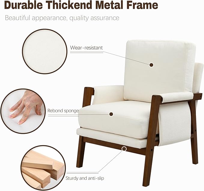 Cream Accent Chair for Bedroom & Living Room, Mid Century Modern Accent Arm Chair, Upholstered Anthropologie Accent Chair with Solid Wood Frame, Fabric