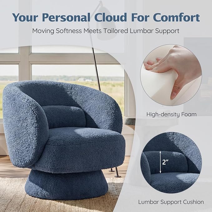 Swivel Accent Chair, Modern 360 Degree Swivel Barrel Chair with Arms & Curved Back and Lumbar Support Cushion, Comfy Round Single Boucle Sofa for Small Space, Living Room, Bedroom, Blue