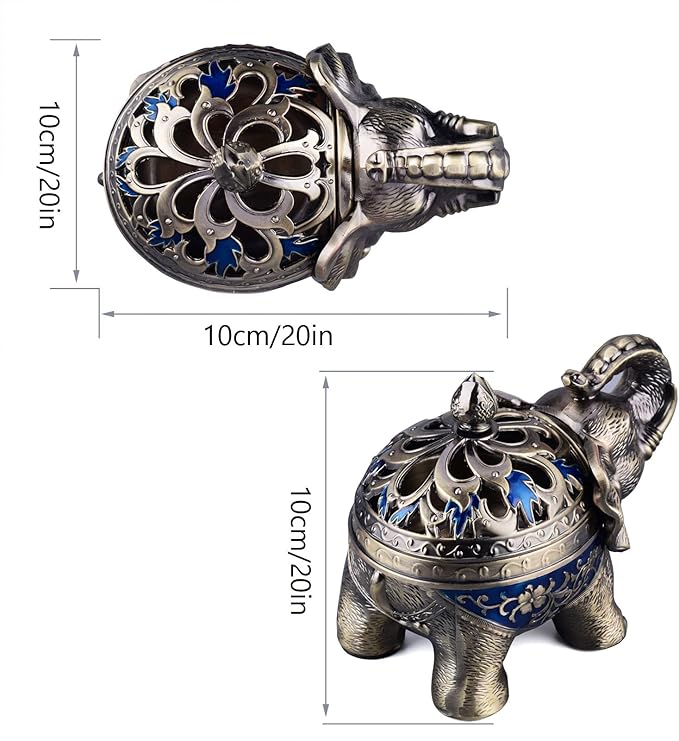 K COOL Metal Backflow Incense Holder Elephant Cone Incense Burner Candle Holder with Lid, Aromatherapy Ornament Home Office Decoration for Indoor Outdoor (Navy Blue)