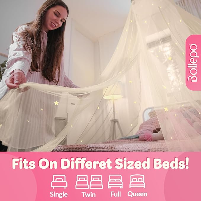 Bollepo Yellow Bed Canopy for Girls with Glowing Stars - Princess Yellow Baby Canopy for Bed, Netting Room Decor, Ceiling Tent, Canopy | Single, Twin, Full, Queen Size Kids Bed
