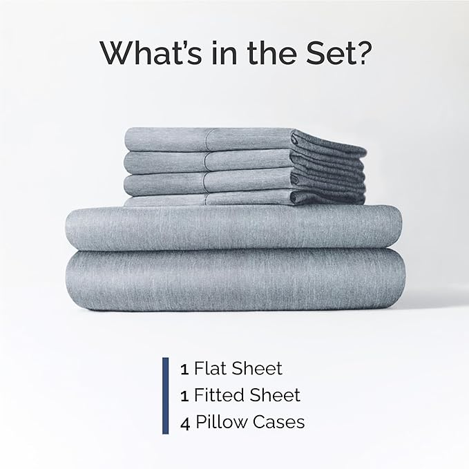 Full 6 Piece Sheet Set - Cooling & Breathable - Hotel Luxury Bedding, Includes Fitted Sheet for Women, Men, Kids and Teens - 1 Flat, 1 Fitted Sheet, 4 Pillowcases with Deep Pockets - Heathered Blue