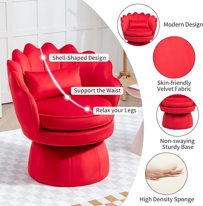 Swivel Accent Chairs Set of 2, 360° Mid-Century Modern Velvet Barrel Chair, Comfy Shell Shape Arm Chair with Lumbar Pillow for Living Room, Bedroom, Office, Rose Red (Red, Set of 2 Swivel chair)