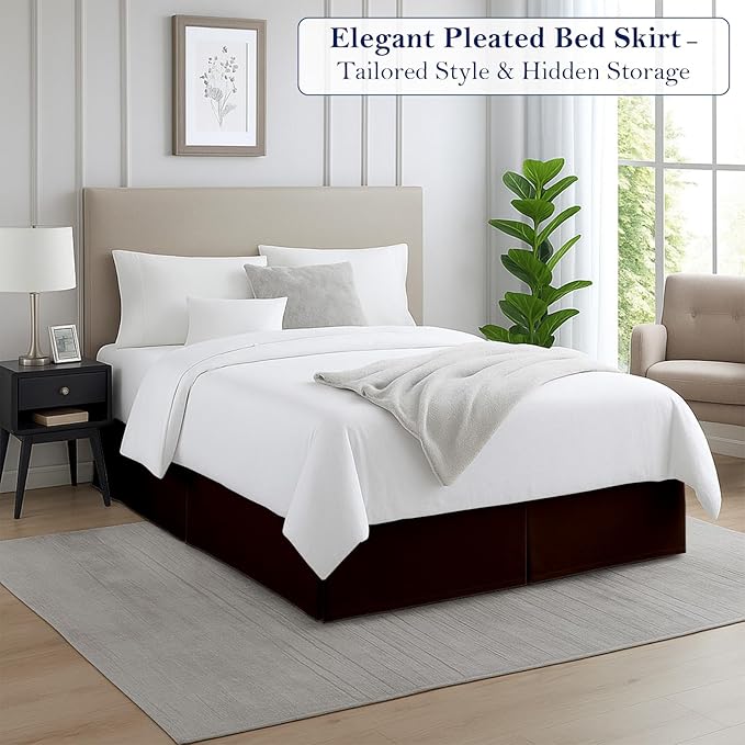 King Bed Skirt, Luxury 16 Inch Drop Chocolate Pleated Bed Skirt, Double Brushed Microfiber, Box Pleat Design, Wrinkle & Fade Resistant, Easy Fit Tailored Bedskirt for King Size Beds