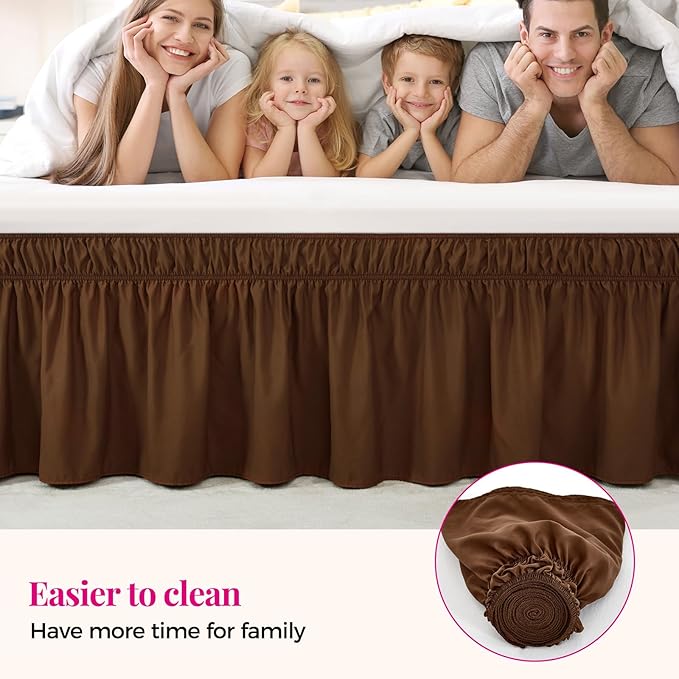 RIMELA Bed Skirt Queen Size 18 Inch Drop, Elastic Bed Skirting for Bed Base and Frame, Bedding Dust Ruffle Easy to Install,Wrap Around Adjustable Bedskirt, Chocolate Brown