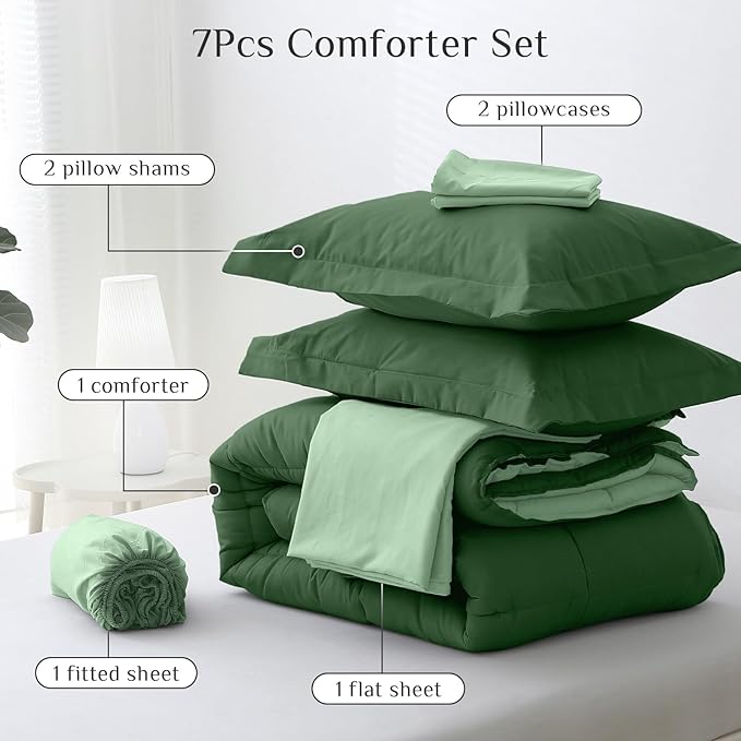 JOLLYVOGUE King Comforter Set, Ultra-Soft Bed in a Bag King Size 7 Pieces, Oeko-TEX Certified Bedding Set with Down Alternative Comforter, Sheets, Pillowcases & Shams, Dark Green & Light Green