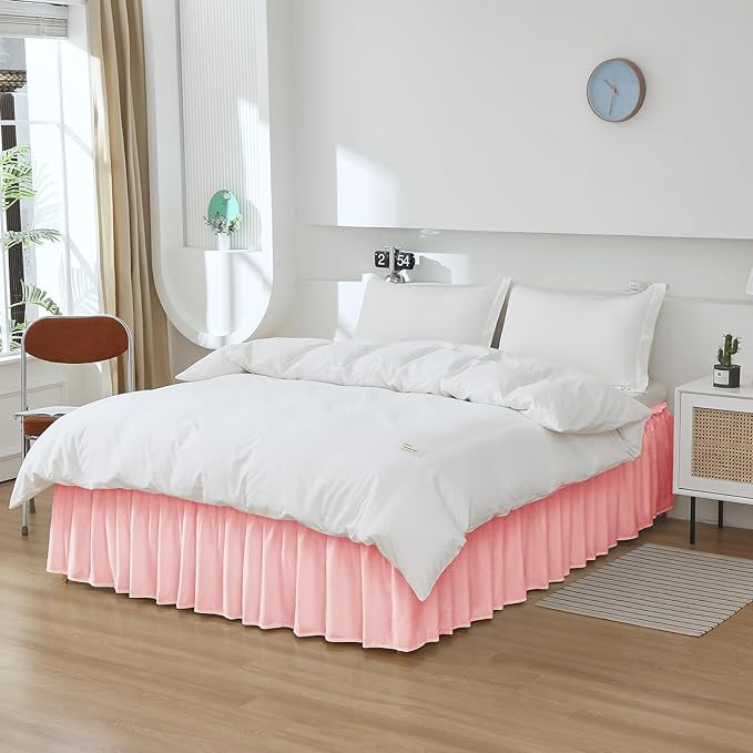 MEILA Wrap Around Bed Skirt Three Fabric Sides Elastic Dust Ruffled 14 Inch Tailored Drop,Easy to Install Fade Resistant-Pink, Queen/King
