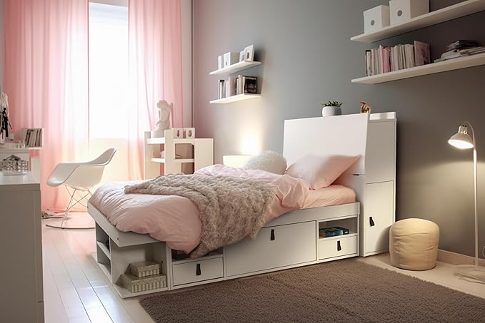 memomad Bali Set: Storage Platform Bed with Drawers + Bookcase Headboard (Twin Size, White Wood)